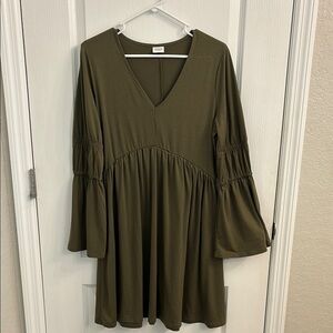 Elegant Olive Green V-Neck Dress